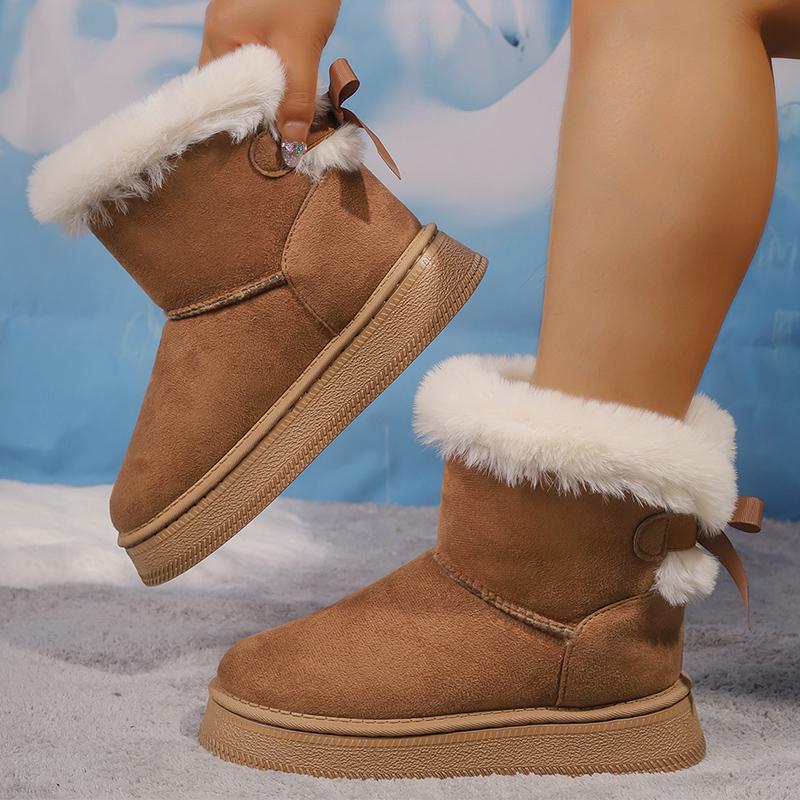 Fashion Winter Faux Suede Women Fluffy Snow Boots Warm Plush Platform Ankle Booties Woman Bow Slip On Cotton Boots 36-42