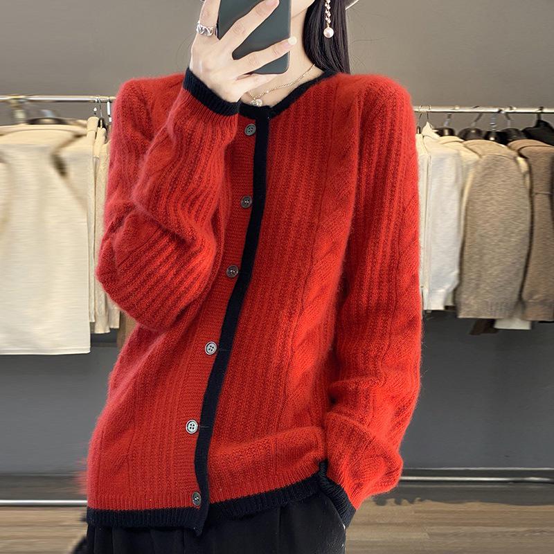 Women's 23-Color Block Round Neck Pure Wool Cardigan - Long Sleeve Knit Sweater
