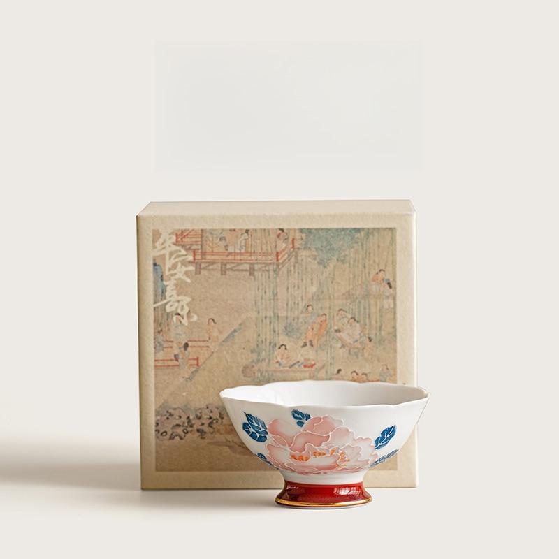 42ml Hand Drawn Peony Master Cup Vintage High Footed Large Teacup High End Gold Plated Tea Cup Flower Mouth Kung Fu Tea Set Gift