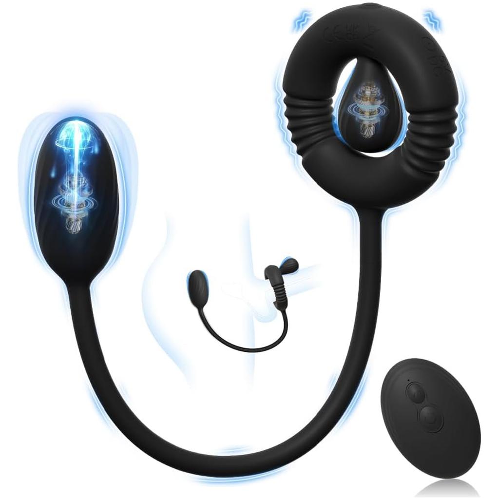 Vibrating Cock Ring Anal Vibrator,Silicone Pleasure Penis Ring,Dual Motors 10 Vibrations Remote Control Anal Butt Plug for Men Couples Adult Sex Toys