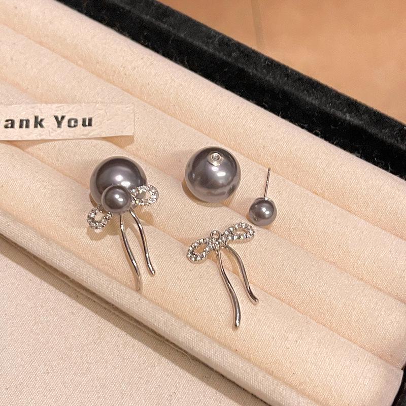 Elegant Gray Pearl Bow Earrings for Women - S925 Silver Needle, Light Luxury and Versatile Design