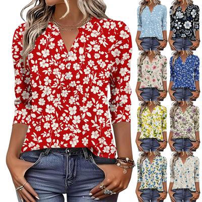Women's Fashionable Casual Retro Floral V,Neck Decorative Button Three,Quarter Sleeve T,Shirt Top