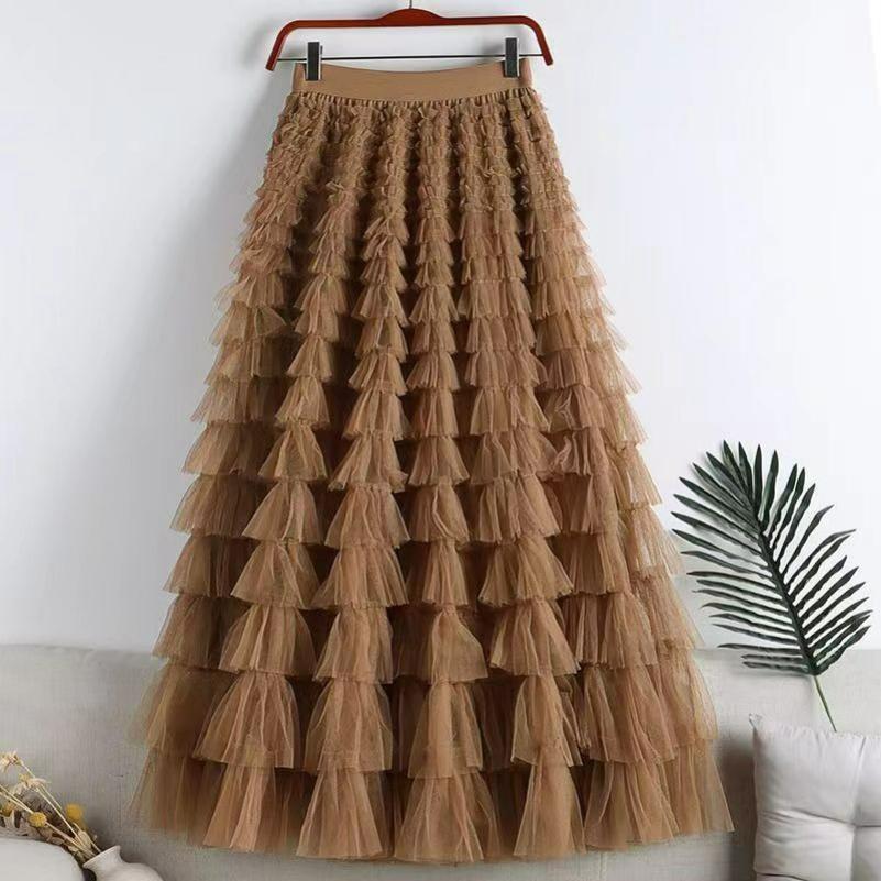 

Stitching Cake Skirt Spring, Summer Mid-length Skirt A-line Long Skirt Fluffy Gauze Skirt 95cm темного кольору хакі