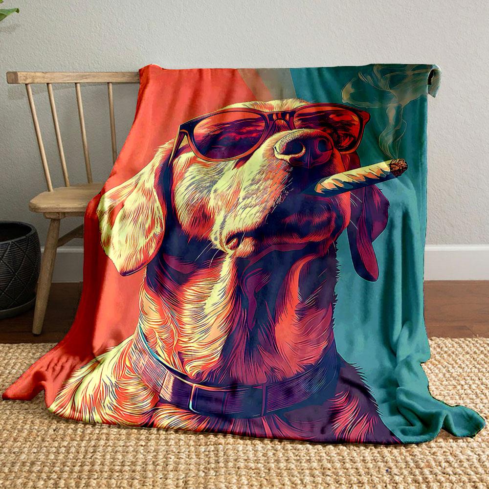 "Cool Dog with Sunglasses and Cigar" Patterned blanket, flannel, suitable for all seasons, home decor, warm and cozy