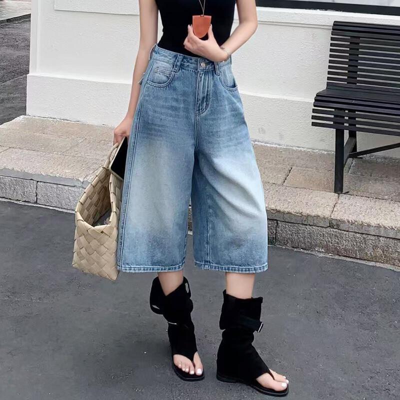 Women s Washed High-Waist Cropped Wide-Leg Denim Jeans XL