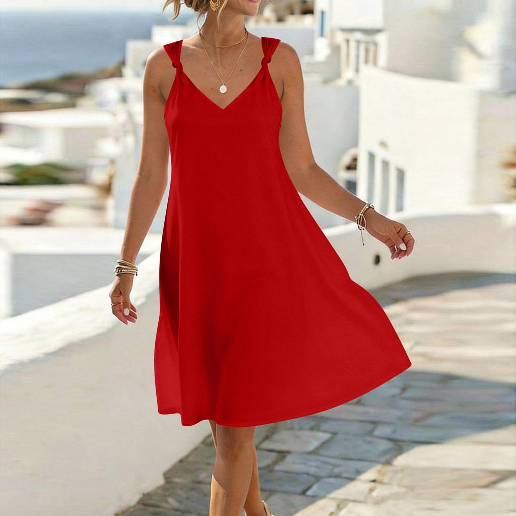 Women Sleeveless V Neck Strap Dress Casual Loose Fit Tie Shoulder Summer A Line Dress Lightweight Solid Design
