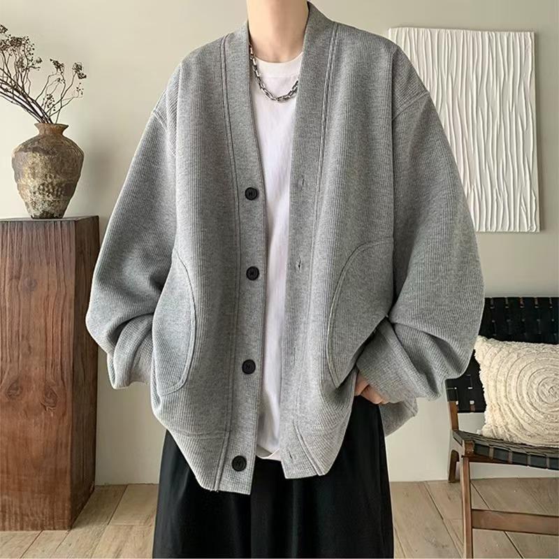 Men's Trendy Waffle Knit V-Neck Cardigan Jacket for Autumn 2026 - Relaxed Fit, Couple Style