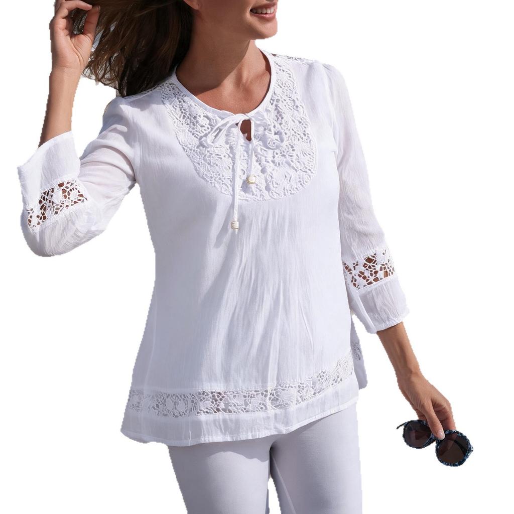 New autumn, cotton and linen splicing lace temperament European and American/loose sleeves, women's top T-shirt