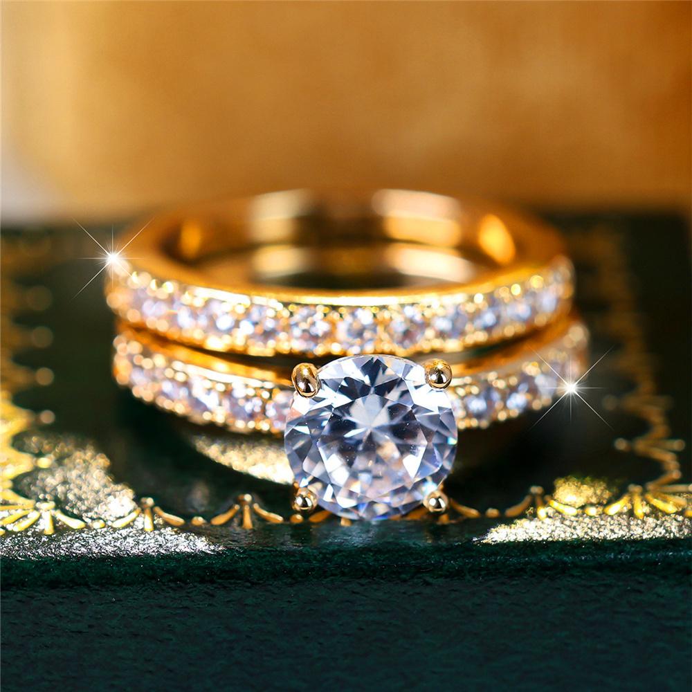Crystal Female White Zircon Round Stone Ring Set Fashion Vintage Gold Color Bridal Wedding Engagement  For Women