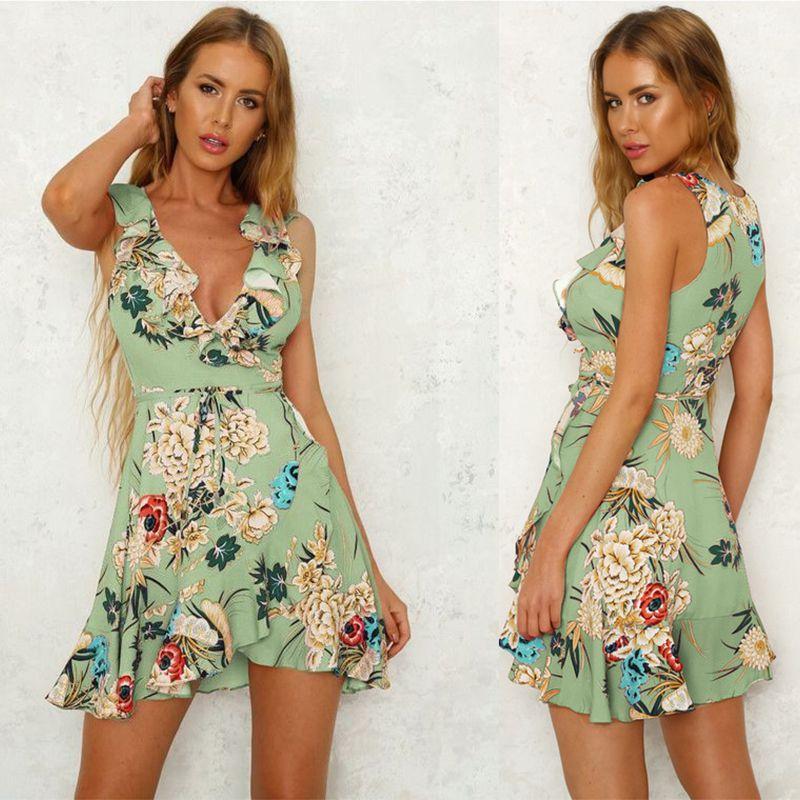 Stylish Womens Mini Ladies Dress Floral Print Ruffle V Summer Beach Sundress For Every Occasion