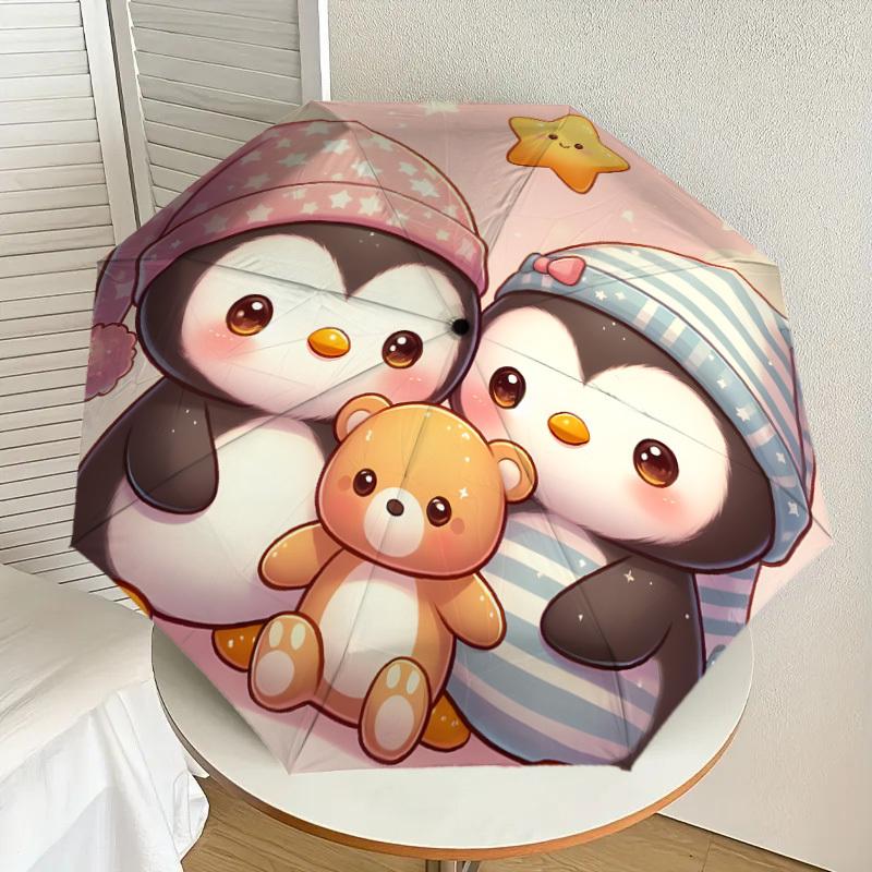 1pc Penguin Family with Teddy Bear Umbrella with Plastic Handle,Suitable for All Seasons Home Travel Outdoor UmbrellaDD1030