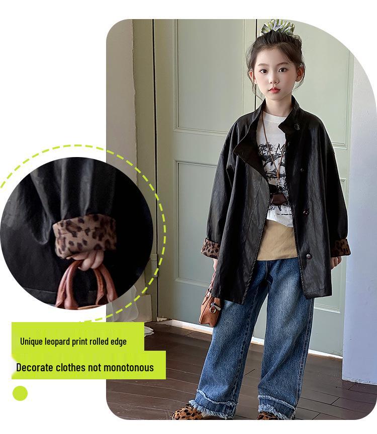 2025 Girls' Mid-Length Leather Jacket - Stylish Autumn/Spring Coat for Fashionable Big Girls