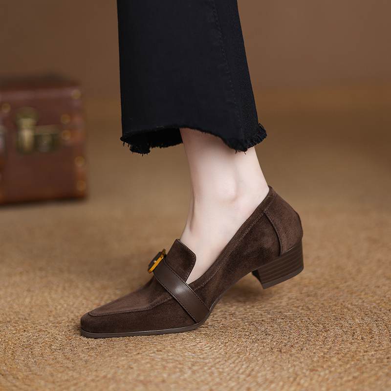 Krazing Pot Sheep Suede Autumn Winter Shoes Metal Buckle Loafers Med Heels Slip on Size 42 Round Toe Slip on Deep Mouth Pumps