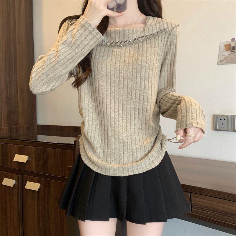 

Autumn New Women clothes Age-Reducing Western Style Long sleeve Knit Design Drawstring Soft Glutinous Bottoming Shirt Chubby Girl Slimming Top Khaki 4XL(Large size)