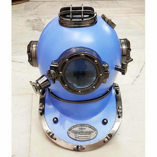 Niebieski czarny hełm nurkowy Morse Boston z mosiądzu do nurkowania US Navy z wytrzymałym drewnianym stojakiem