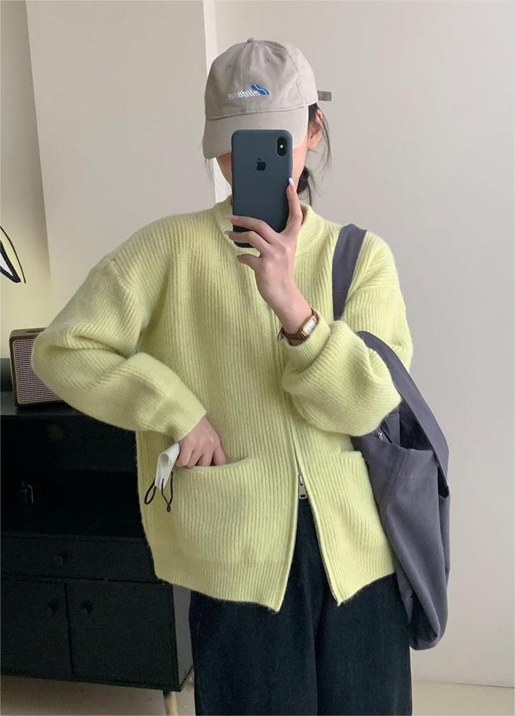 Hanmall Zipper Collarless Knit Sweater with Pockets and Double Front Loose Winter Long Keeps You Warm for Fall and Perfect for Commuting Women's