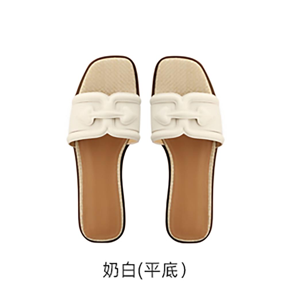 Grape mother studiolee summer new fashion straw woven flat bottom square head vacation word with outside slippers women