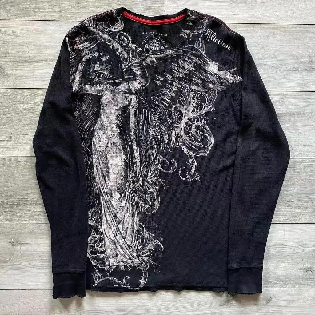 Y2K Affliction Long Sleeved T Shirt Fashion Round Neck Oversized T-shirt Men Wing Printing Casual Gothic Tops Streetwear