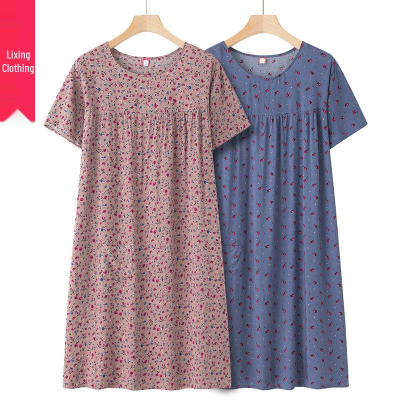 Silk-Blend Short Sleeve Nightgown for Moms, New Summer-Style Lightweight Loose Pajamas.