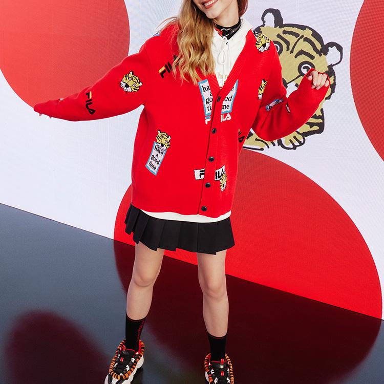 FILA Collaboration Year Of The Tiger Series Pattern Sports Cardigan Sweater Unisex cardigans Legendary-Red F11U219404F-RD