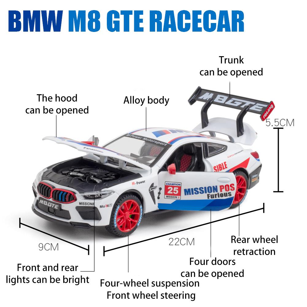1/24 Scale M8 GTE Racing Diecast automudeli mänguasi, tagasitõmmatav mänguasi koos heli ja valgusega lastele Väikelapse poistele Tüdrukutele Kingikogu