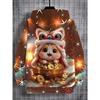 Boys' 3D digital printed lion cat hooded sweatshirt, snowflake star holiday design, casual pullover, children's gift