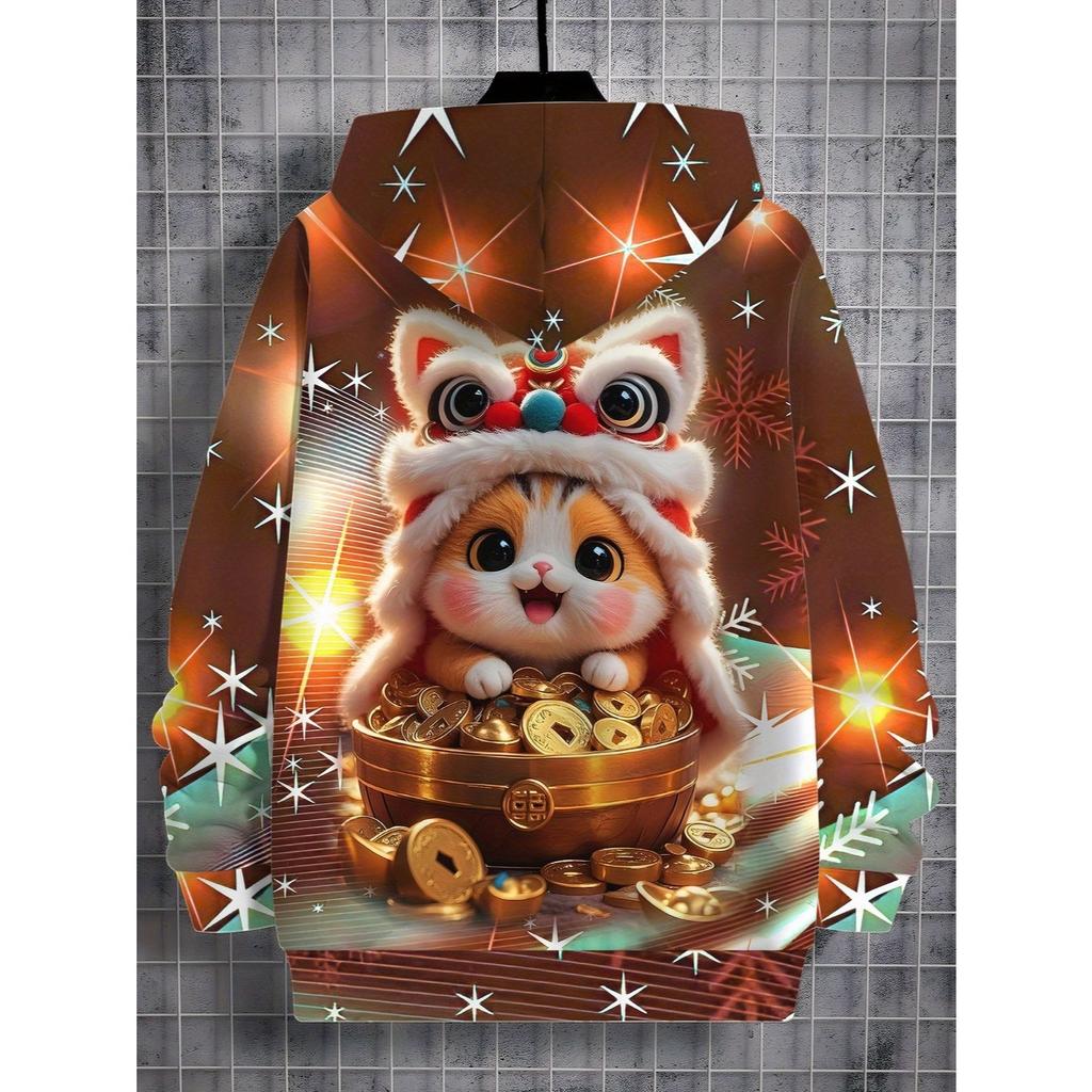 Boys' 3D digital printed lion cat hooded sweatshirt, snowflake star holiday design, casual pullover, children's gift