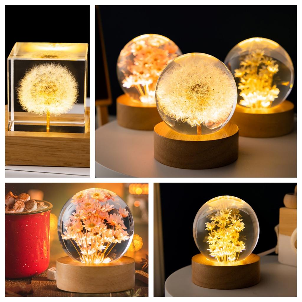 Crystal Ball Night Lights 3D Dandelion Glass Ball Wooden Base Atmosphere Lamp Table Lamp Tabletop Decorations Christmas