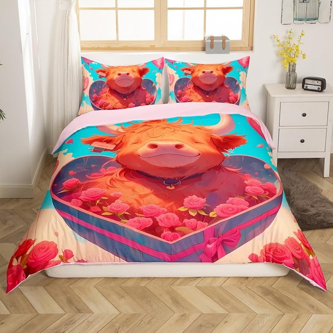 Cartoon Penguin Bedding Set Romantic Balloon Valentine's Day Comforter Cover Groovy Roses Flower Duvet Cover for Couple Lovers