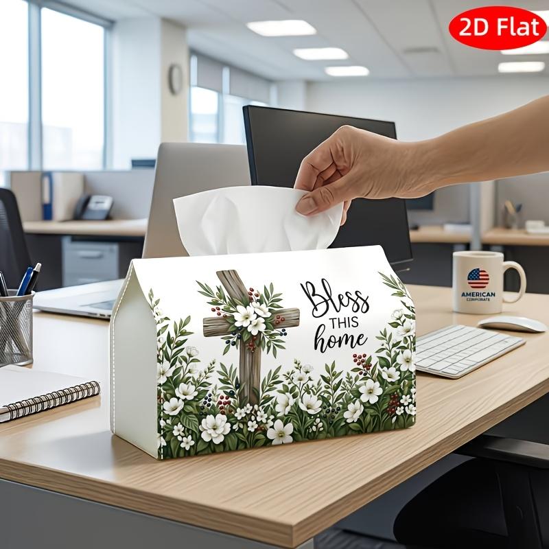 2D Flat, 1pc Tissue Box, Printed On Both Sides, Easter Decor Sacred Botanical Tissue Holder Featuring a Cross And Floral Design, Bless This Home Napki