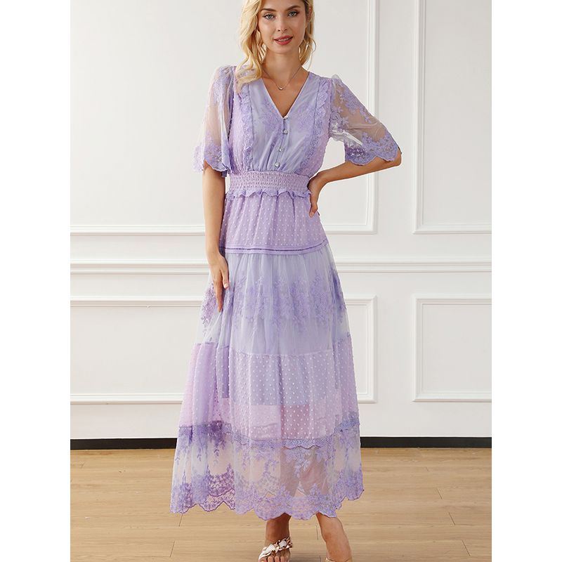 2025 Summer New Arrival Lace V-neck Dress Women Fashion Elegant Elegance Fancy Mesh Stitching Long Dress Women