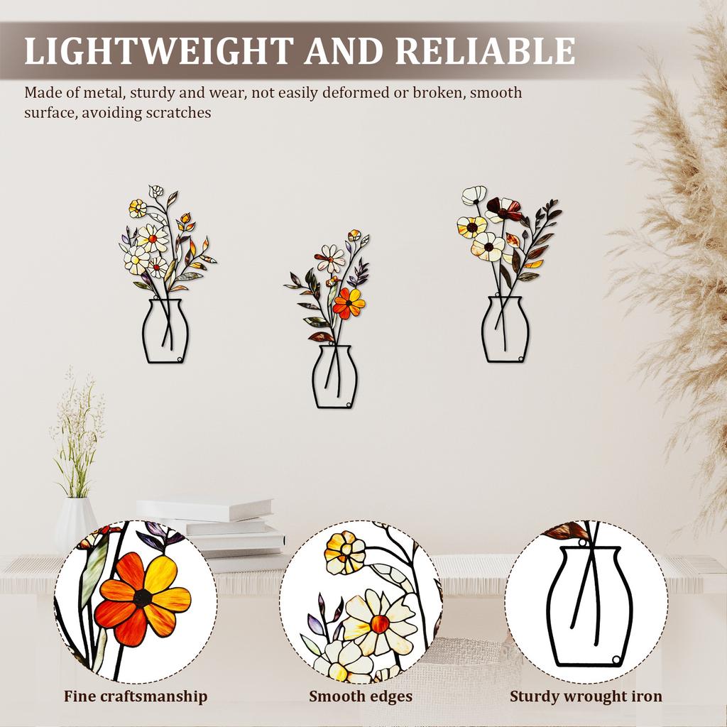 3Pcs Metal Vase Flowers Wall Arts - Rustic Farmhouse Décor Minimalist Flower Wall Pendants for Living Room Bedroom Housewarming
