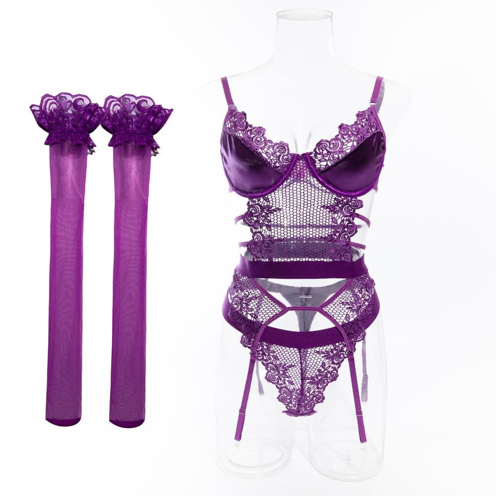 Purple Sissy G-String Thong Lace Sexy Outfit Adult Babydoll Complete Erotic Lingerie with Stockings Fantasy Sex Costume