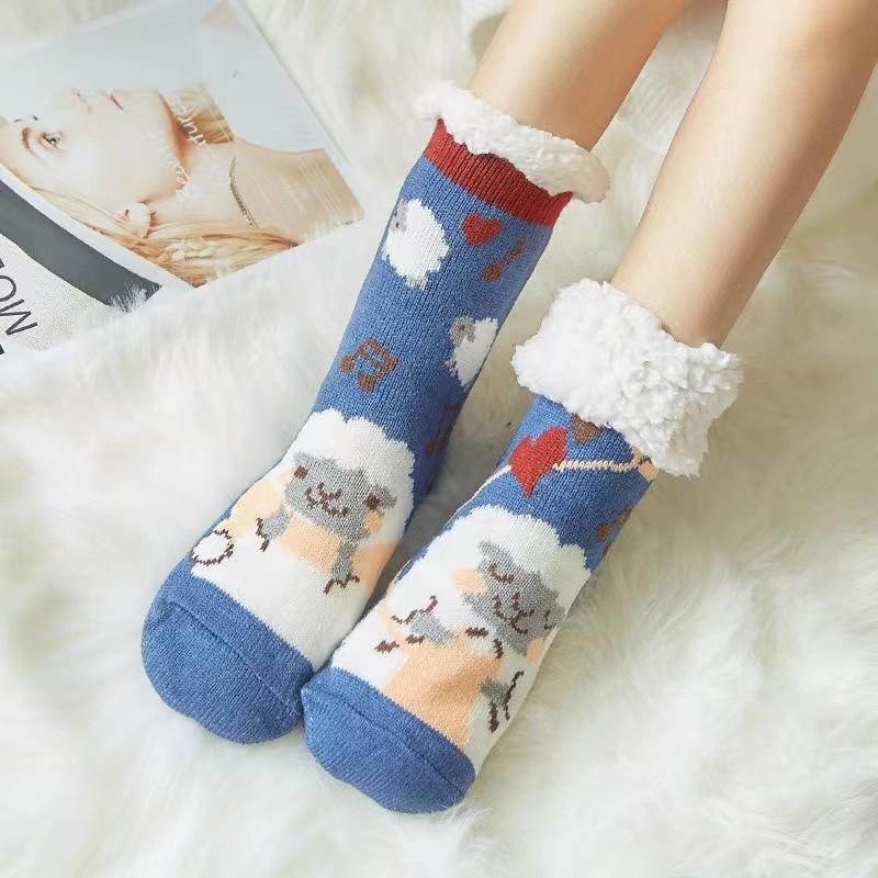 Women's Winter Velvet and Thick Christmas Glue Non Slip Home Sleeping Moon Floor Socks