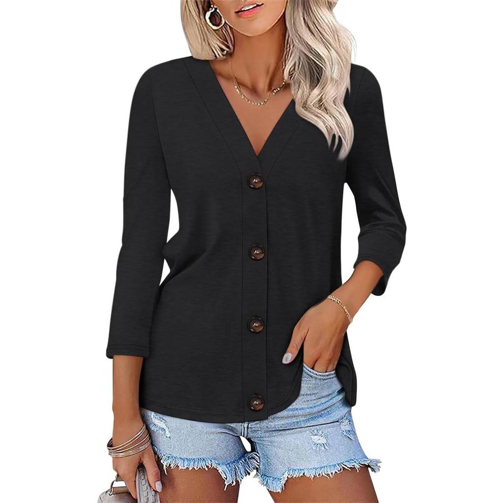 Women's Fashion Casual Solid Color Button-down Shirt 3/4 Long Sleeve Tops