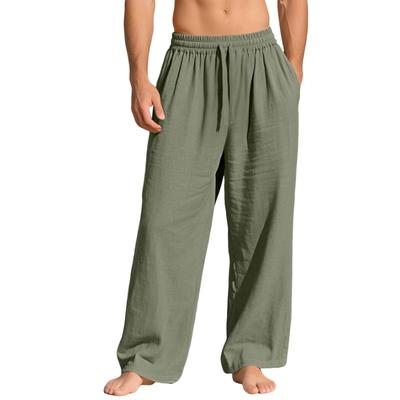 Men's Linen Loose Casual Sports Trousers with Pockets and Tie Solid Color Trendy Business Trousers
