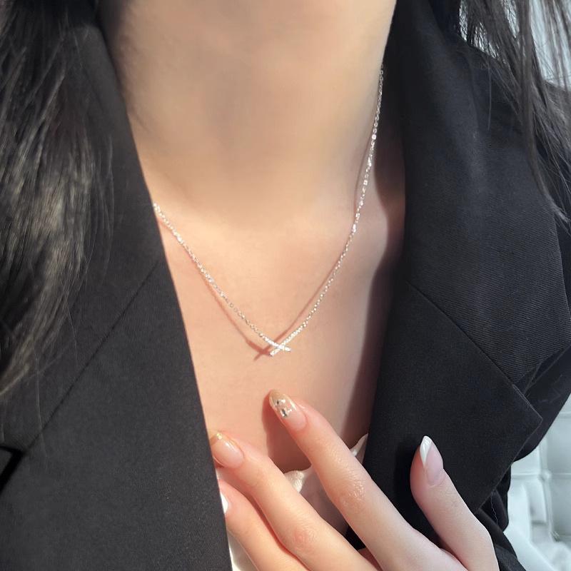 S925 Sterling Silver Korean Style Diamond-Inlaid Cross Choker Necklace 925 Silver платиновый