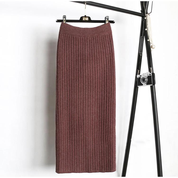 Elastic Women Skirts Autumn Winter Warm Knitted Straight Skirt Ribbed Mid-Long Skirt