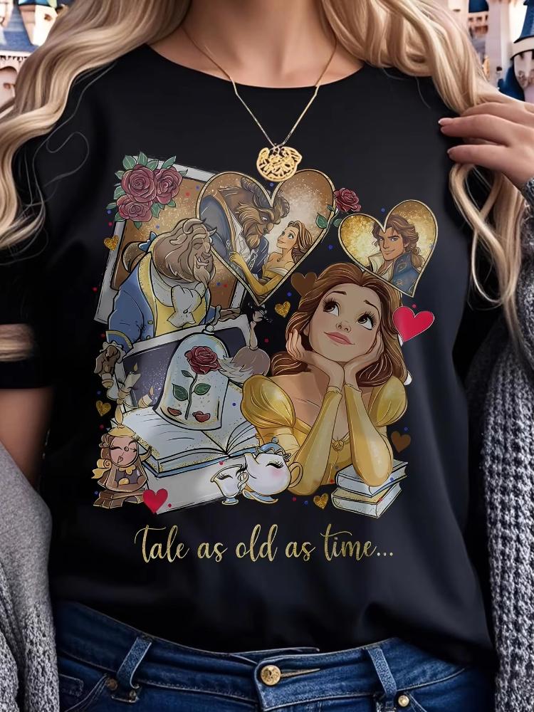 

2026 Beauty and The Beast Vintage Style Print Fashion Casual Womens TShirt Short Sleeve O Neck Loose Plus Size Top S