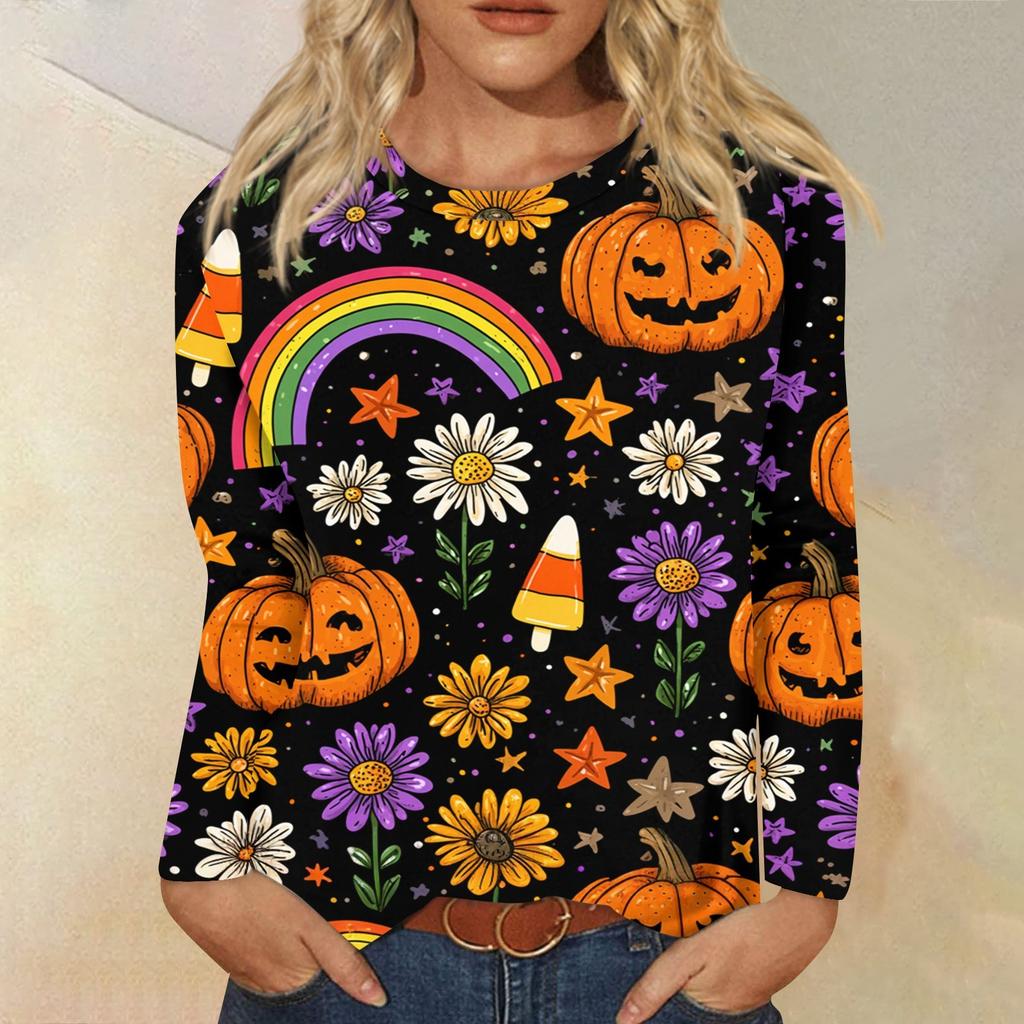 Women's Fashion Casual Long Sleeve Halloween Print Round Neck Top