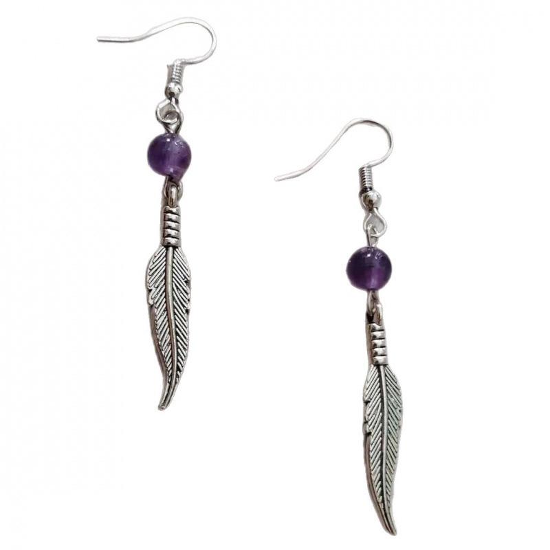 Amethyst Feather Earrings for Pagan Witchcraft Worshippers