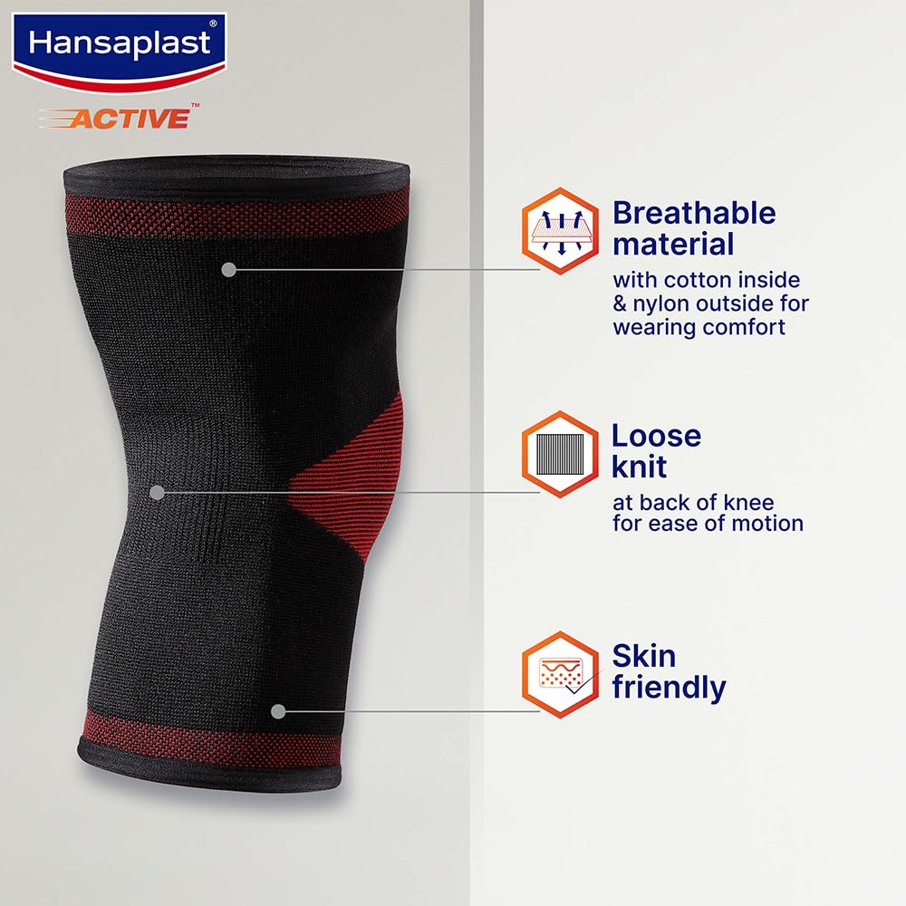 Hansaplast Active Knee Support for Men & Women | Pair | Size L | Knee Brace for Long Lasting Pain Relief, Stability & Targeted Compression|Skin F