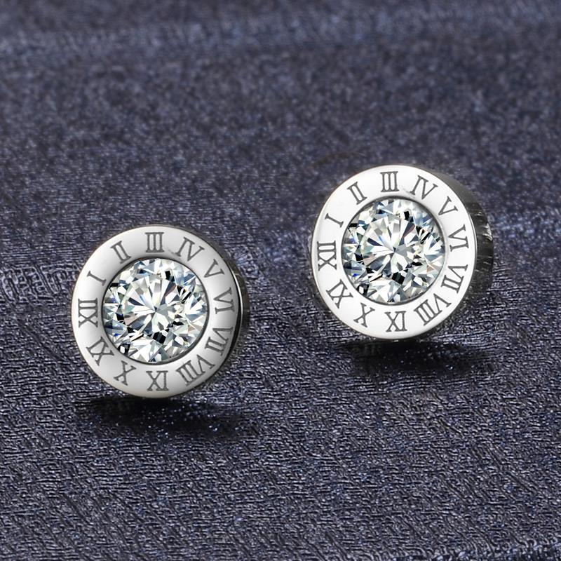 Roman Numeral Round Stud Earrings Women Gold Rhinestone Minimal Fashion Ear Jewelry