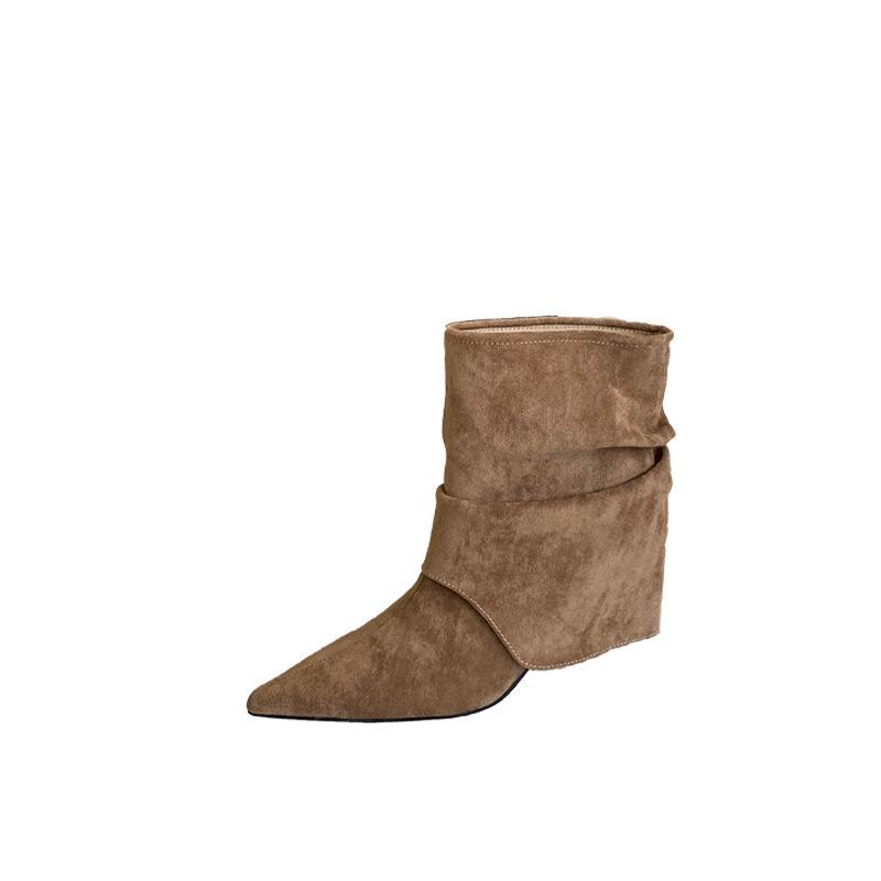 2025 autumn and winter new pointed head thin heel high heel temperament French fashion sexy beautiful women short boots suede trouser leg boots