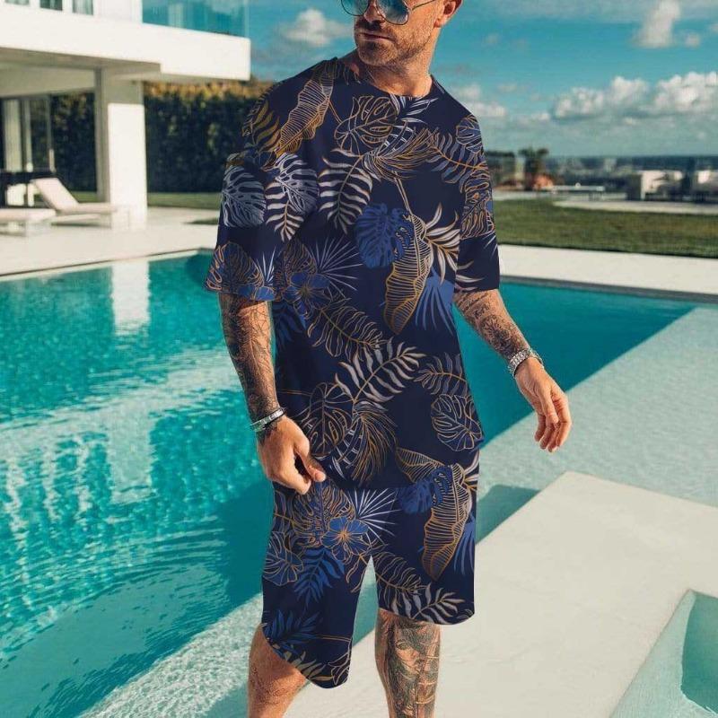 Men's Beach Set Hawaiian T-shirt Vacation Casual Beach Pants Suit Fashion Full Print Tshirt Set Top New Mens Tees Short Two Set