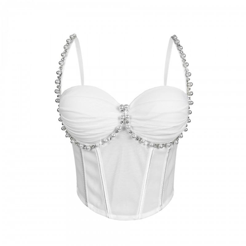 Pearl Pleated Fishbone Corset Mesh Underwire Strap Top Sexy Slim Fit Bustier Women