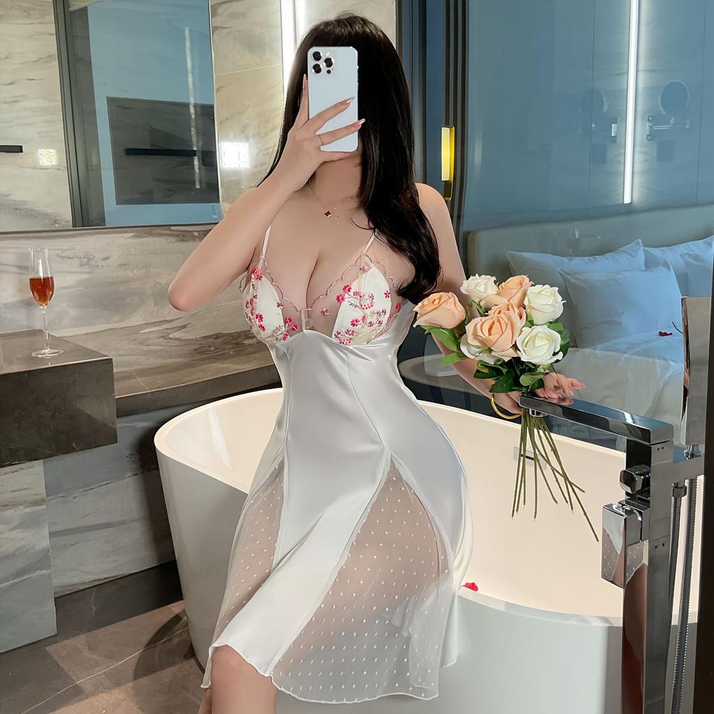 Silky Satin Backless Cami Nightgown Lace Patchwork Lightweight Women's Loungewear 539 Luxurious Breathable Sleepwear for Warm Weather