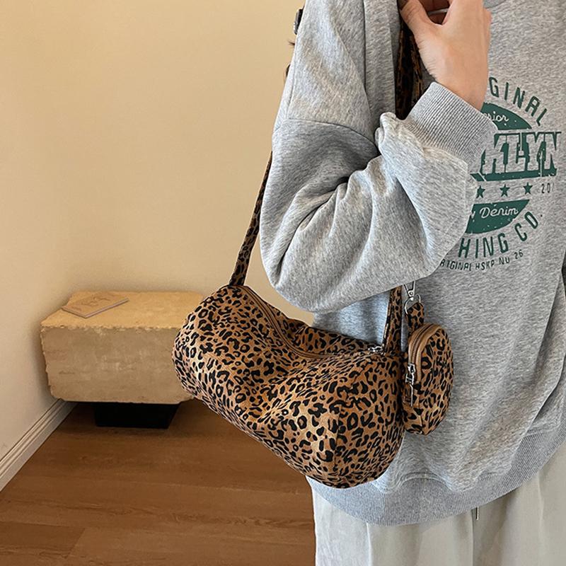 Popular Leopard Print Wide Shoulder Strap Crossbody Bag Fashionable Brown Shoulder Bag Women's Pillow Bag