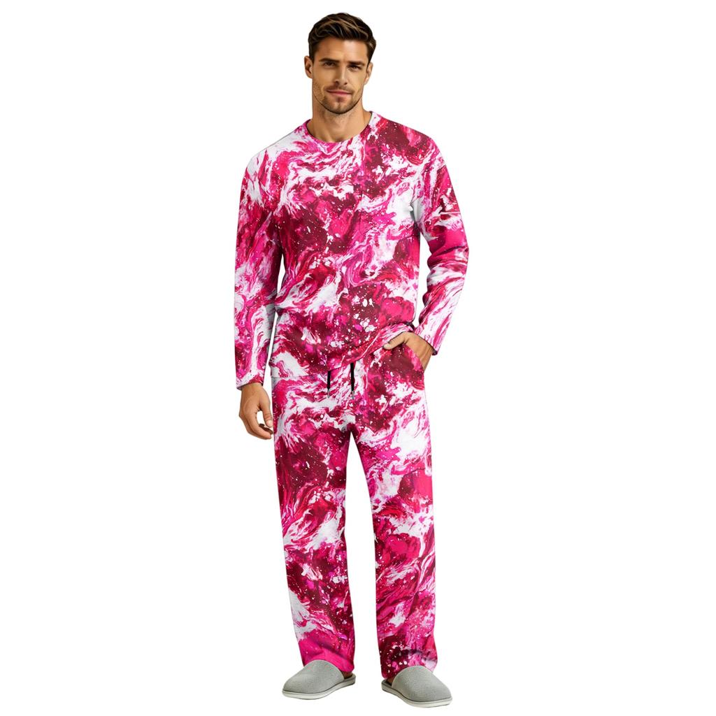 Men's Pajama Set Long Sleeve Top and Long Pants with Button Crotch and Elastic Drawstring Waist for Home Loungewear
