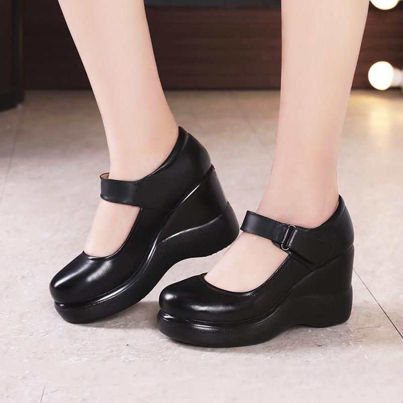 Spring Genuine Leather Women's Shoes Girls' Shoes Fashion 8CM High Heels Pumps Wedges Black Comfortable Female Platform Shoes